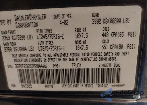 2002 Dodge Ram 2500 из США, поврежденный, VIN 3B7KF23652M284406